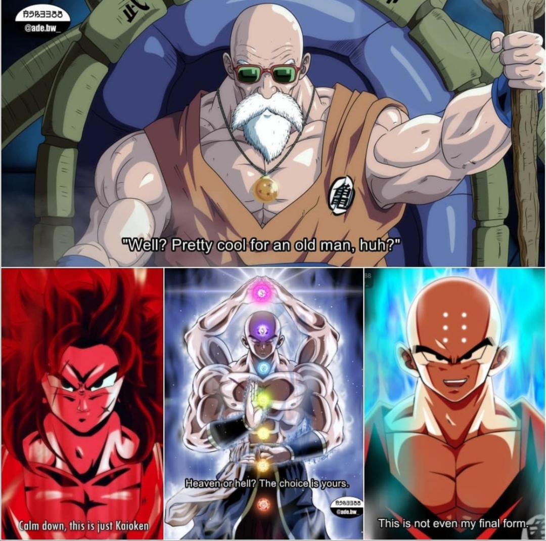 Así se verían Krillin, Ten Shin Han, el Maestro Roshi y Yamcha a su máximo poder.