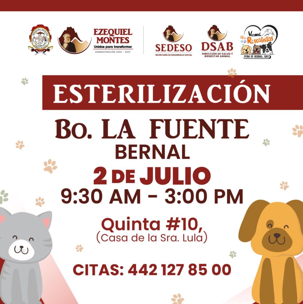 Gobierno de Ezequiel Montes invita a Jornada de Esterilización Gratuita en Bernal