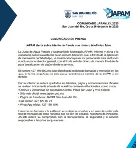 JAPAM alerta sobre intento de fraude con número telefónico falso