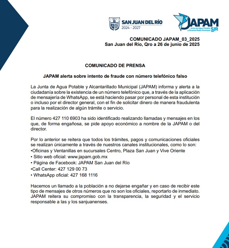 JAPAM alerta sobre intento de fraude con número telefónico falso