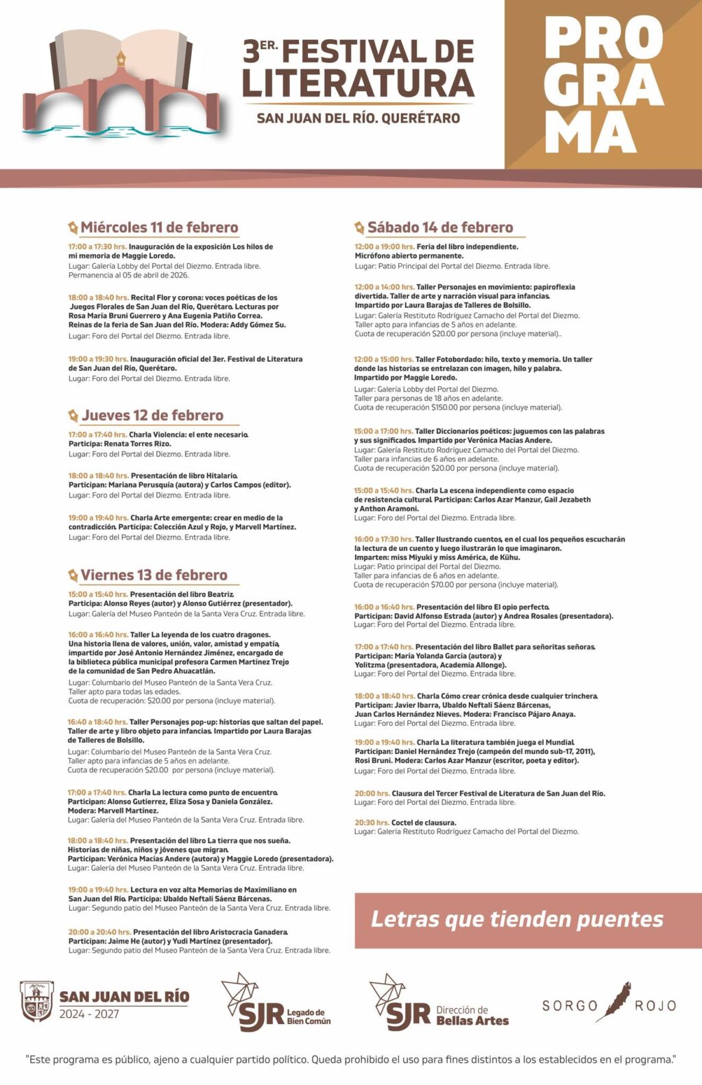 San Juan del Río será sede del 3er. Festival de Literatura del 11 al 14 de febrero