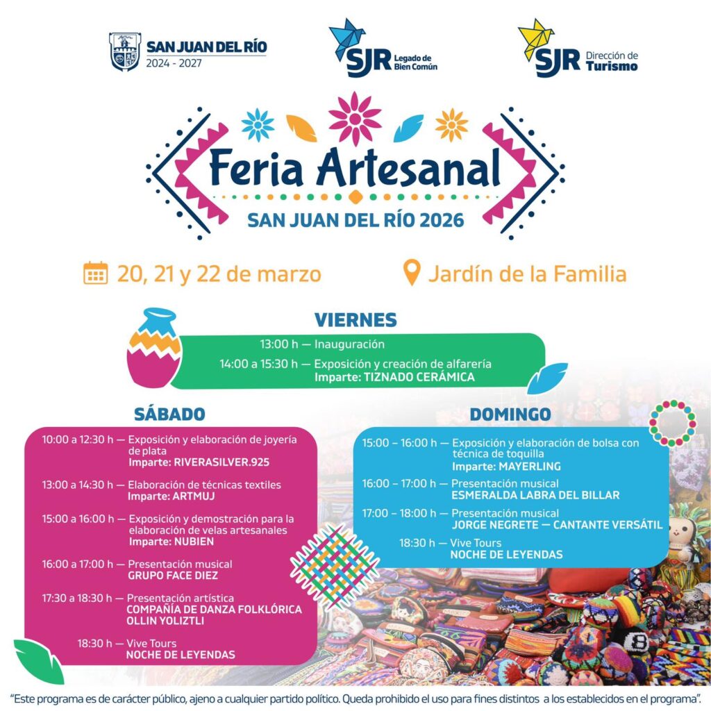 Invitan a la Feria Artesanal San Juan del Río 2026 en el Jardín de la Familia