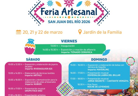 Invitan a la Feria Artesanal San Juan del Río 2026 en el Jardín de la Familia