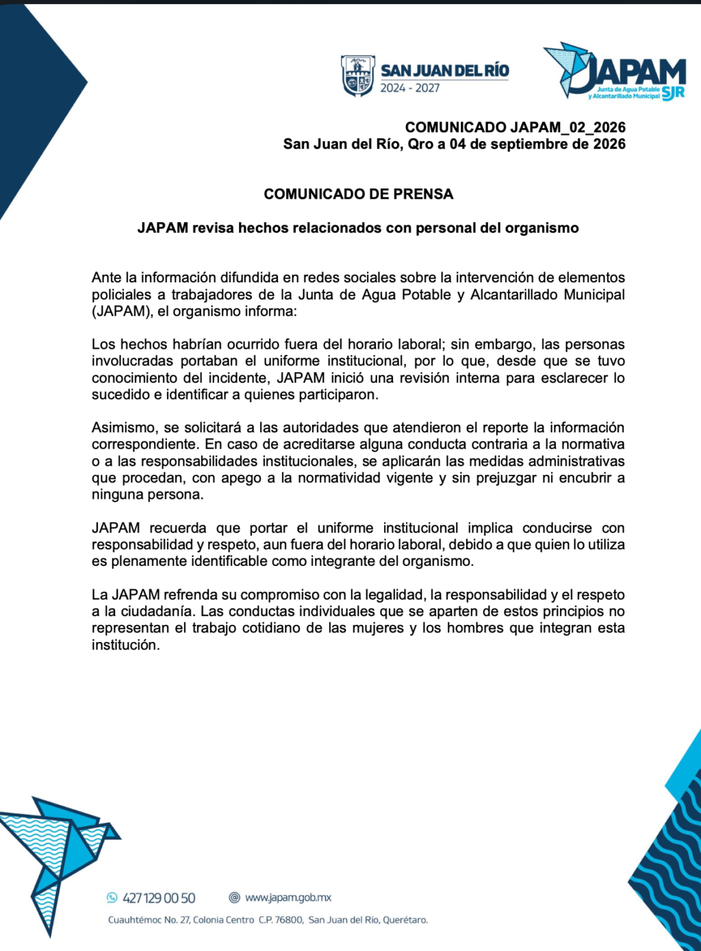 JAPAM revisa hechos relacionados con personal del organismo