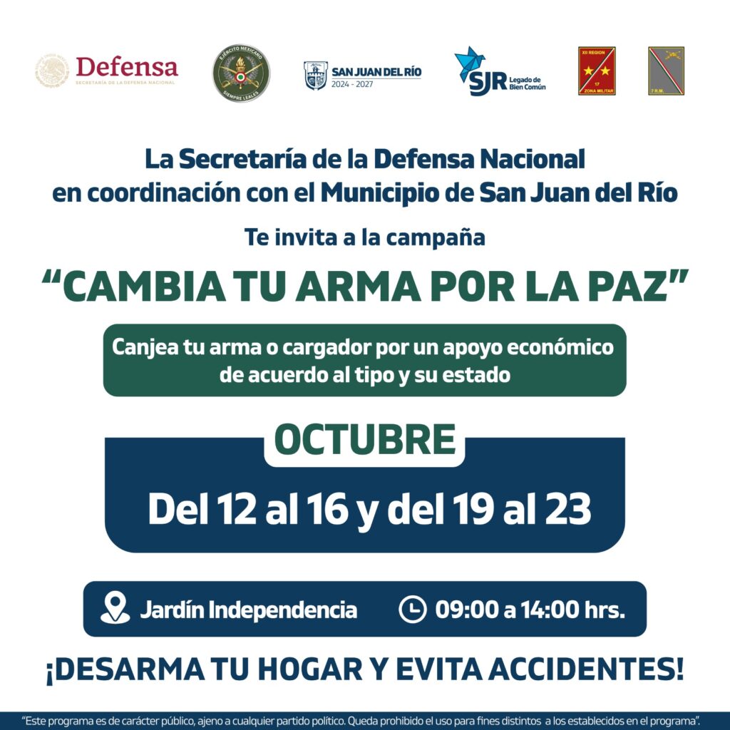 Anuncian campaña de canje “Cambia Tu Arma Por La Paz” en San Juan del Río